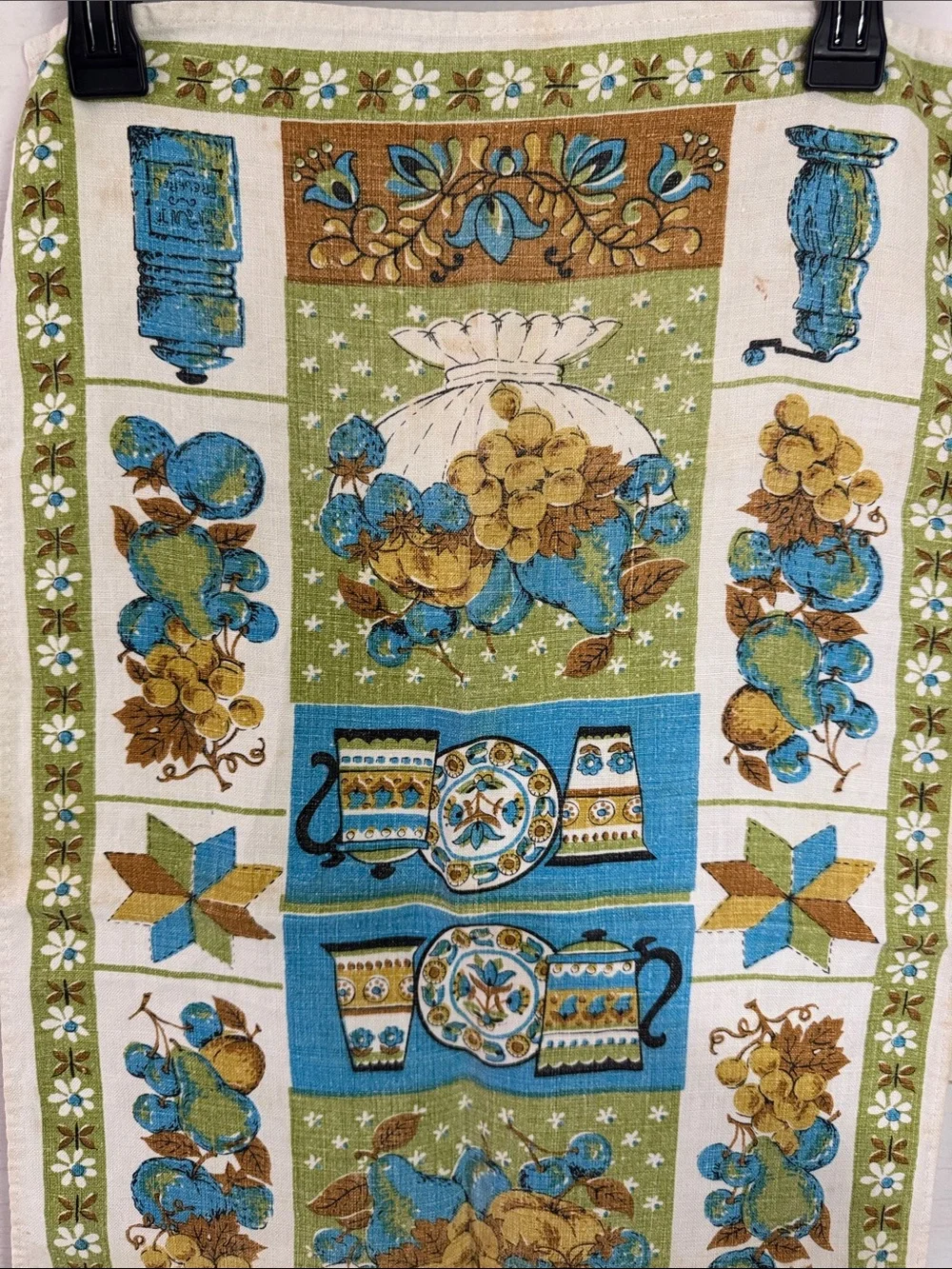 Vintage MCM Persian Prints Linen Floral Tea Towel - Blue, Green & Gold Print